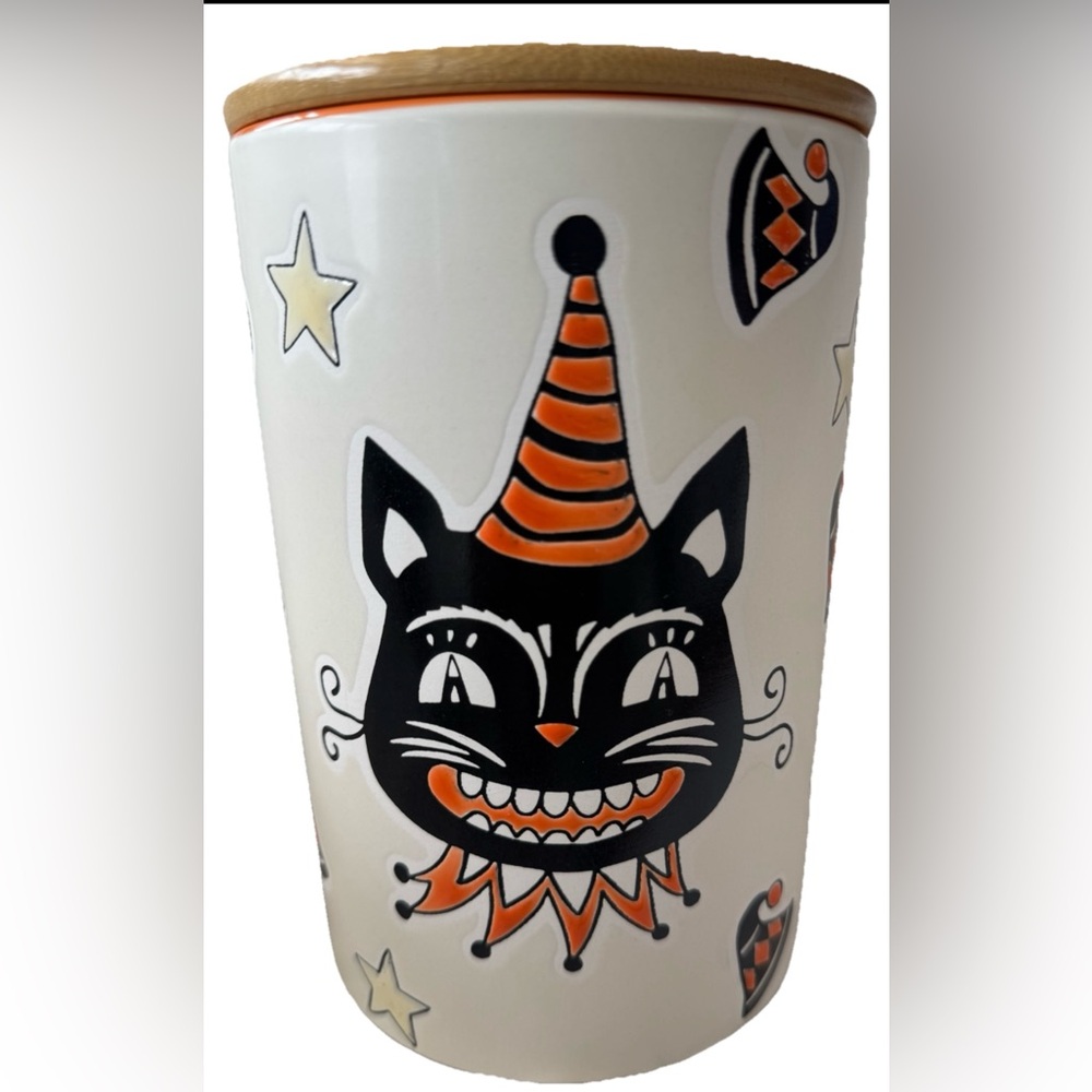 ELI & ANA VINTAGE STYLE HALLOWEEN CANISTER/COOKIE JAR w/BLACK CAT STARS NEW